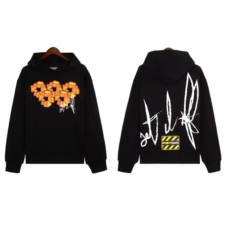 OFFSETTEARS Black Graphic Hoodie with Orange Flame Print