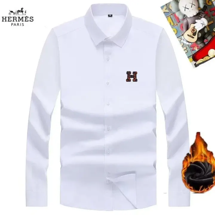 Wit Hermes overhemd met lange mouwen, knoopsluiting en H-patch op de borst