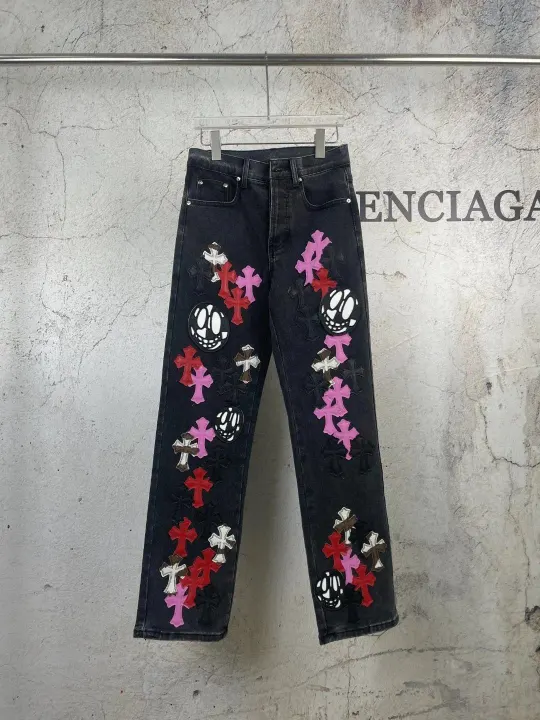 Chrome Hearts Black Denim Jeans with Colorful Cross Patches