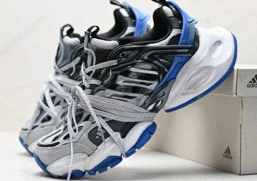 Adidas Grey Multi-Panel Lace-Up Sneakers with Blue Accents