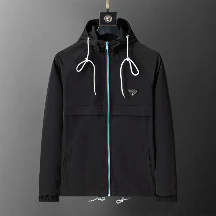 Prada Black Hooded Athletic Jacket with Contrast Zip