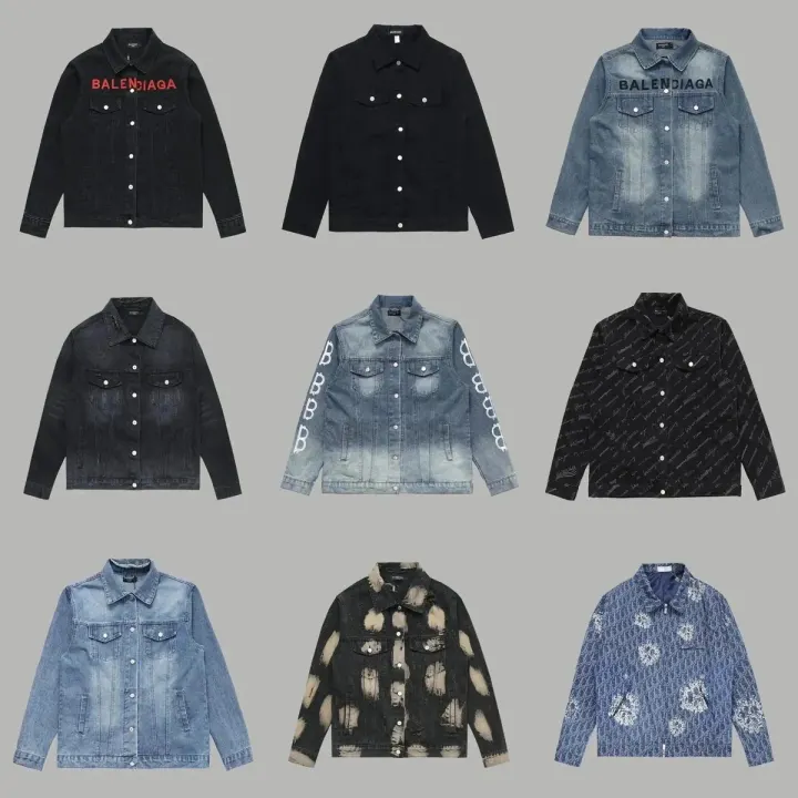 Balenciaga Logo-Print Washed Denim Jacket in Black and Blue