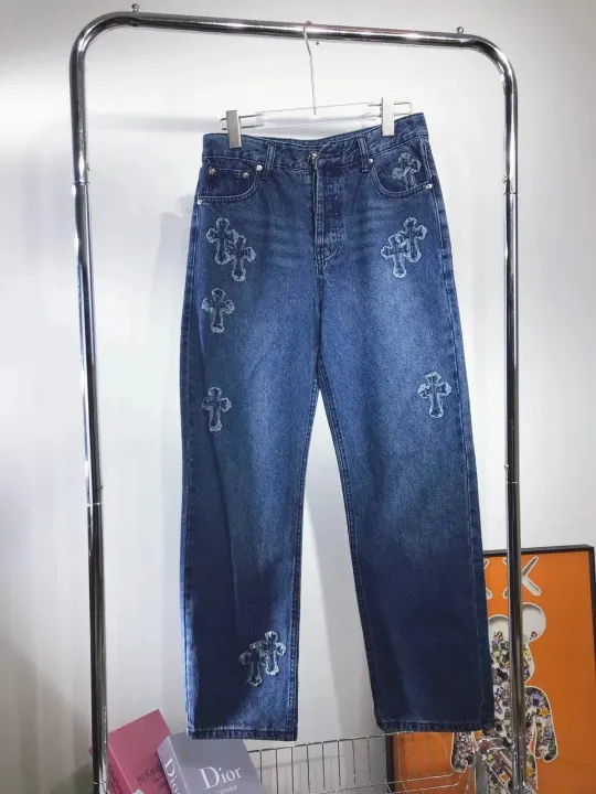 Dior Blue Embroidered Cross Denim Casual Pants