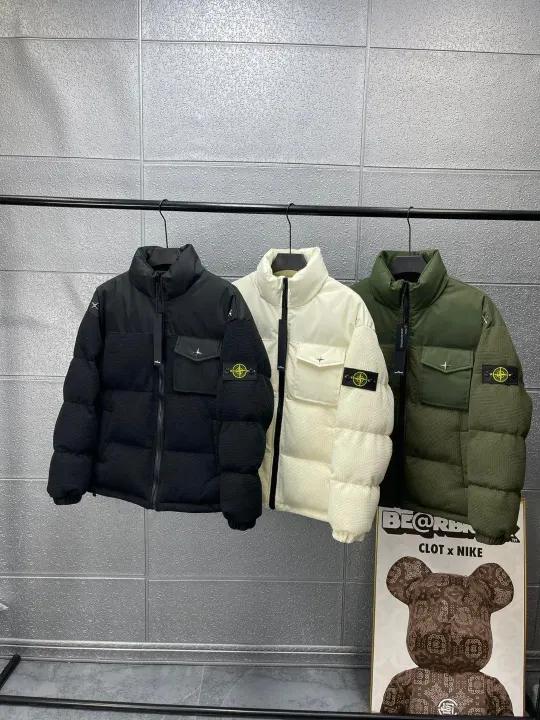 Nike High-Collar Padded Jacket in Black, Cream & Olive Green