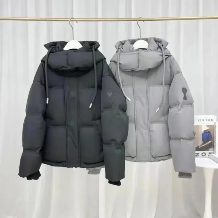 Ami Hooded Puffer Jacket in Black and Light Gray