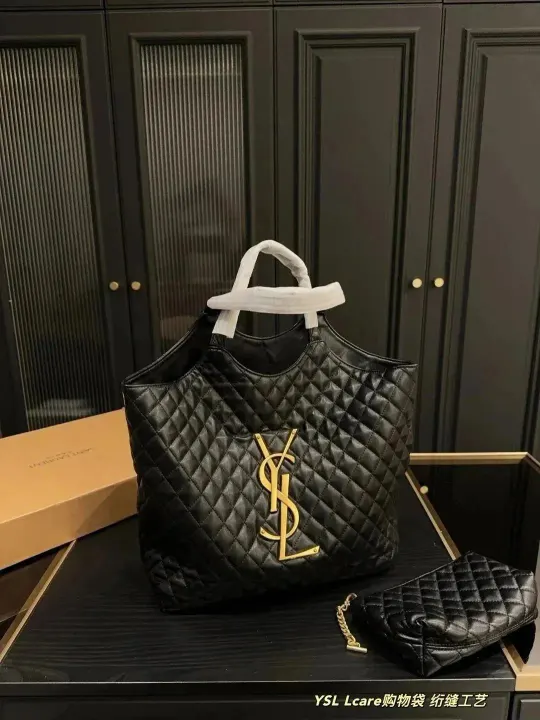 Saint Laurent Black Quilted Handbag Set with Gold YSL Logo