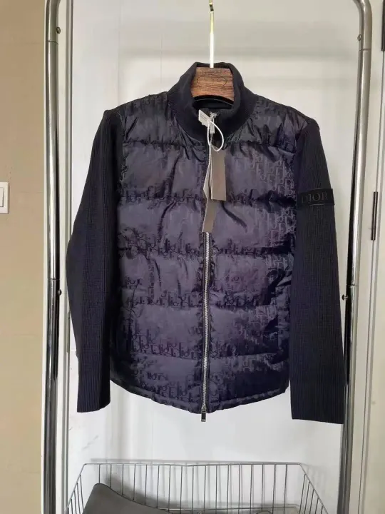 Dior Black Monogram Puffer Jacket with Knit Sleeves