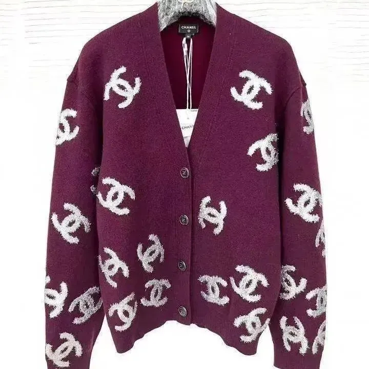 Chanel Burgundy Logo-Pattern Knit Cardigan