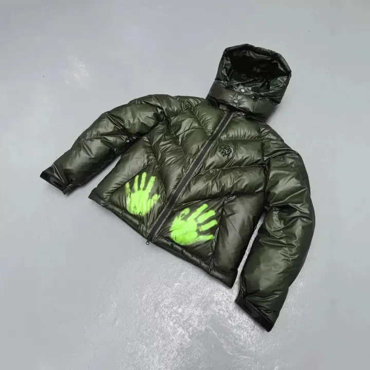 Synaworld Olive Green Handprint Hooded Puffer Jacket