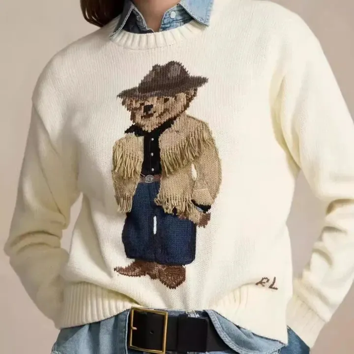 Ralph Lauren Cream Bear Embroidered Knit Sweater