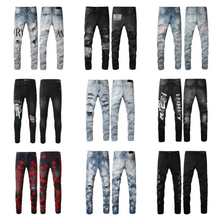 AMIRI Distressed Graphic Print Jeans in Blue and Black