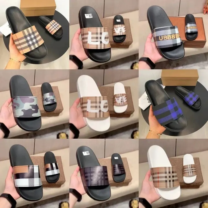 Burberry Check-Pattern Slides in Beige, Black & Plaid