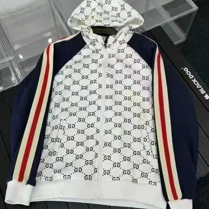 Gucci White Monogram Zip-Up Hooded Jacket with Navy Stripe Sleeves