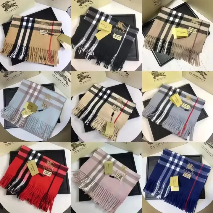 Burberry Checked Fringe Scarf in Beige, Black, and Red