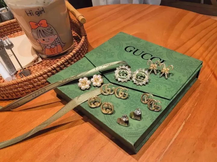 Gucci Gold-Tone Crystal and Pearl Earrings Set