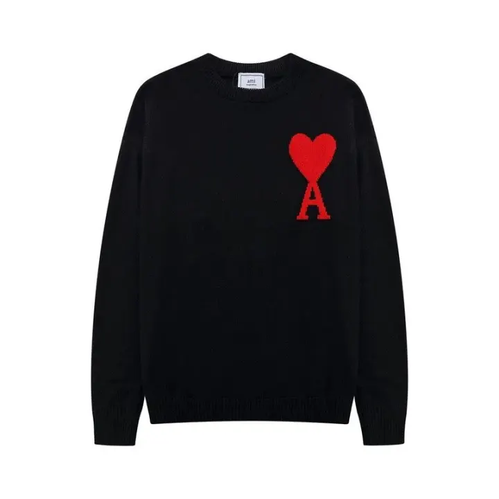 Ami Black Knit Sweater with Red Heart Chest Logo