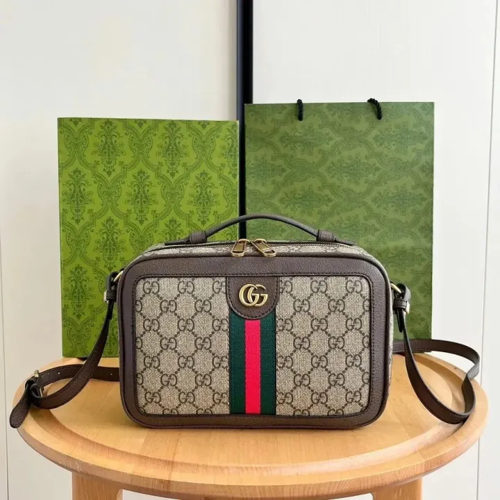 Braune Gucci-Handtasche aus GG-Monogramm-Canvas mit Web-Streifen