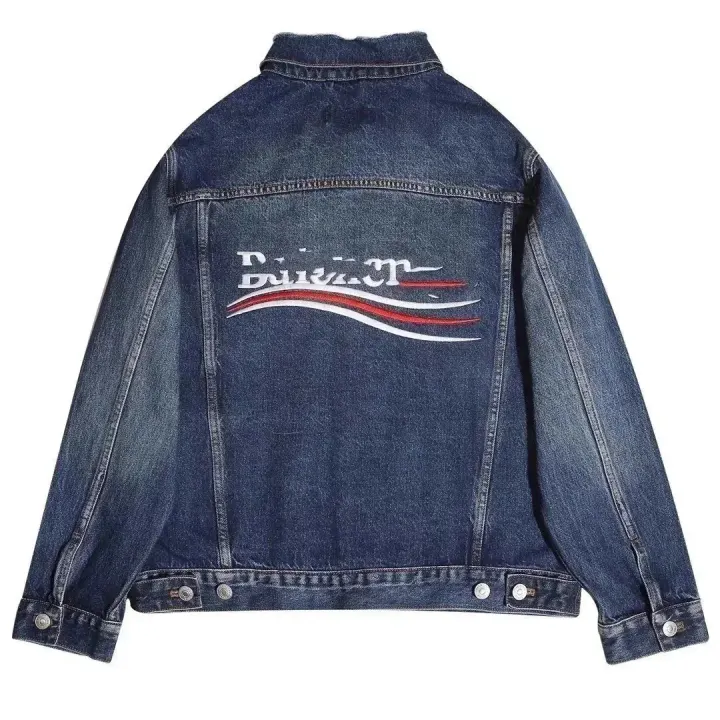 Balenciaga granatowa jeansowa kurtka z nadrukiem