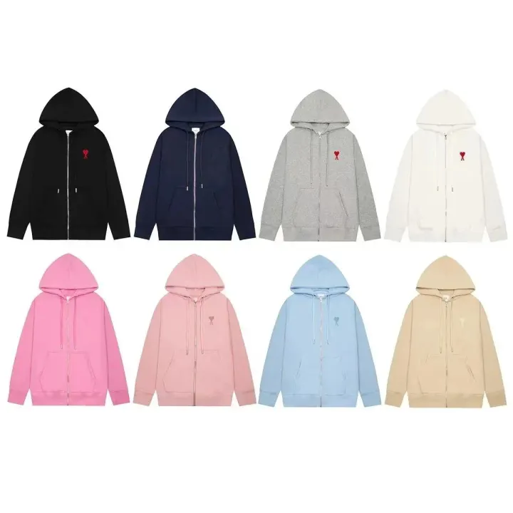 Ami Zip-Up Hooded Sweatshirt with Red Heart Logo