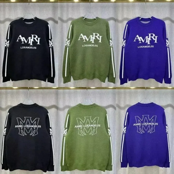AMIRI Logo Knit Sweater in Black, Green, and Blue