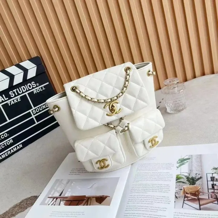 Chanel Quilted Chain Backpack in White, Silver, and Black