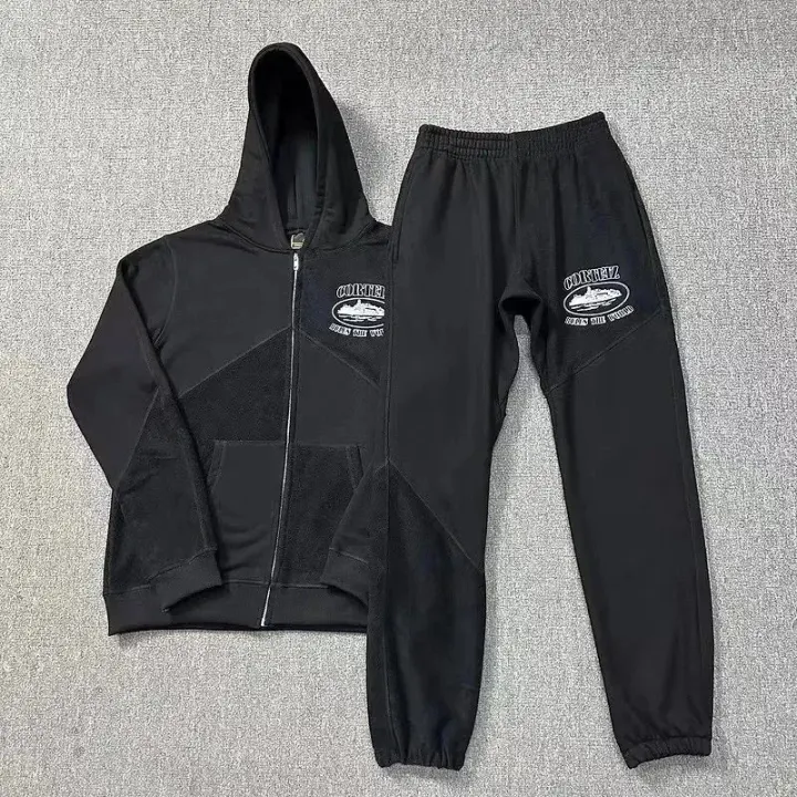 Corteiz Black Zip-Up Hoodie and Sweatpants Matching Set