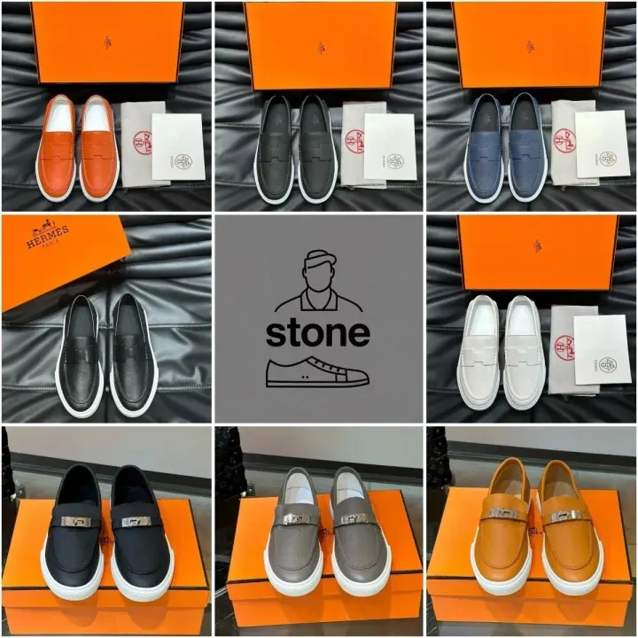 Hermes Metallic-Buckle Loafers in Orange, Black, and Blue