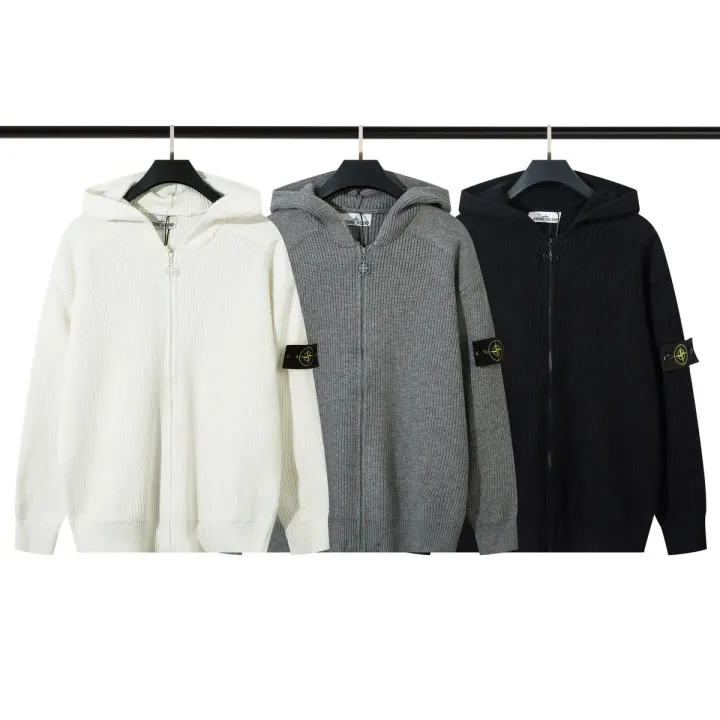 Stone Island Ribbed Knit Hooded Zip Jacket - White, Gray, Black