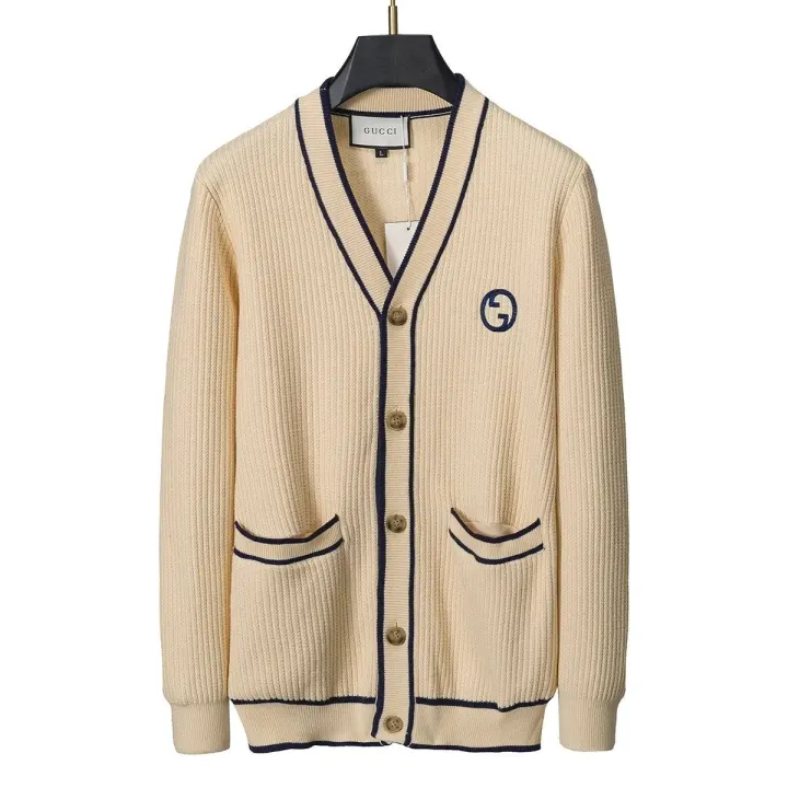 Gucci Cream Knit Cardigan Jacket with Navy Trim