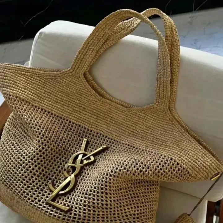 Saint Laurent Beige Woven Straw Tote Bag with Gold Logo