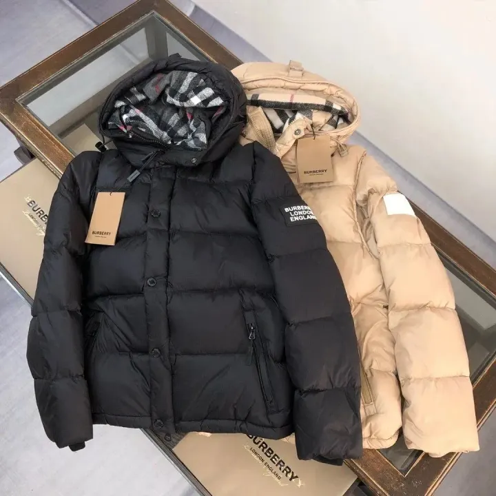 Burberry Black Hooded Puffer Jacket with Check-Lined Hood