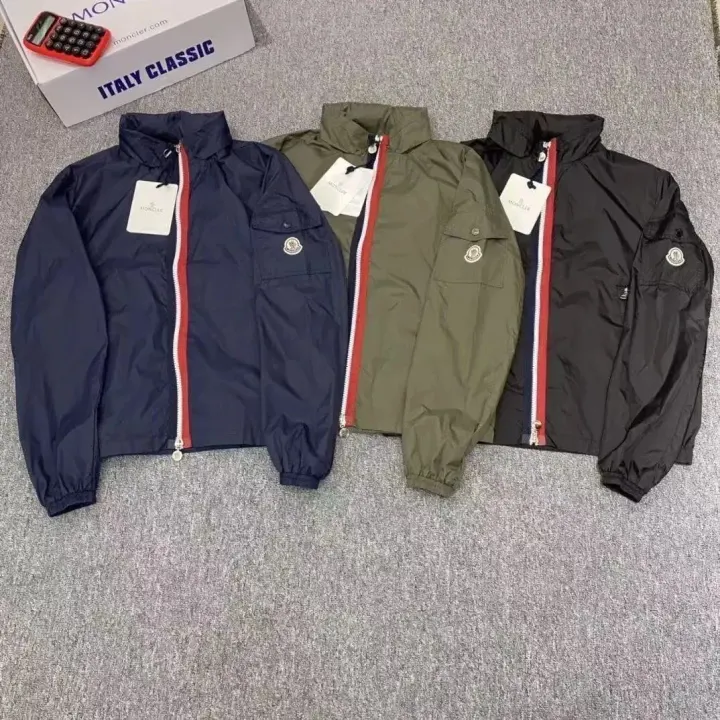 Moncler Zip-Up Jacket with Sleeve Logo Patch in Navy, Olive and Black