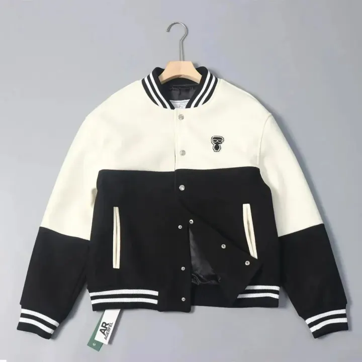 Karl Lagerfeld Black & Cream Color-Block Varsity Jacket
