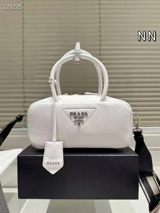 Prada White Pebbled Crossbody Bag with Top Handle