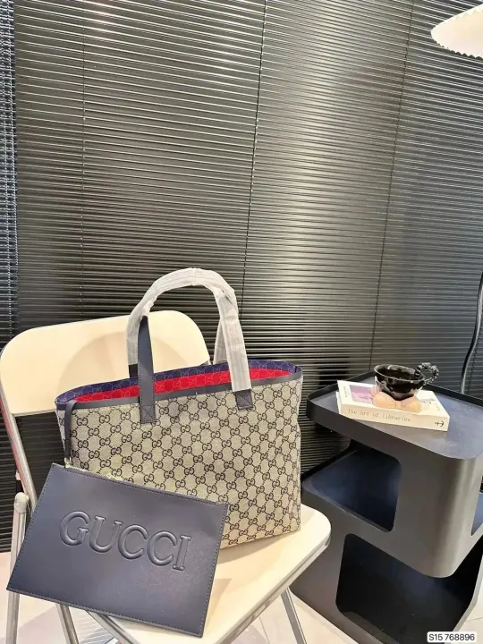 Gucci Beige GG Monogram Canvas Tote Bag with Navy Trim