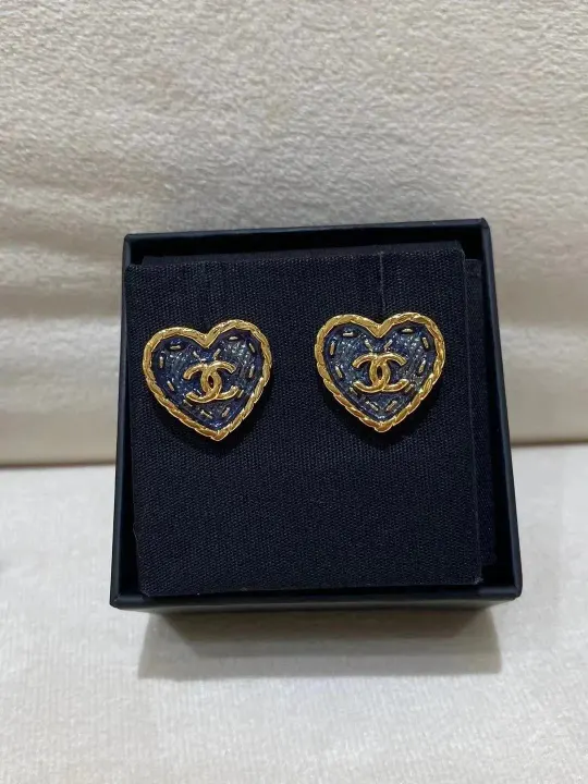 Chanel Heart CC Denim-Texture Black and Gold Earrings