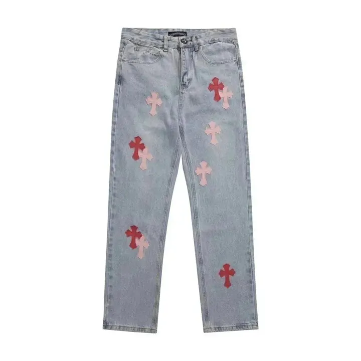 Chrome Hearts Light Wash Cross Patch Denim Jeans