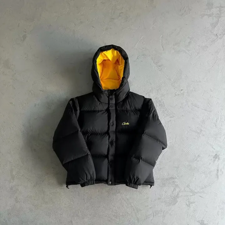 Corteiz Black Puffer Jacket with Yellow Hood Lining