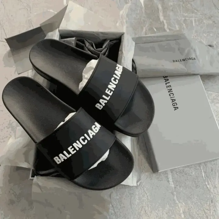 Balenciaga Black Slides with White Logo Strap