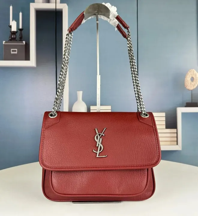 Saint Laurent Red Pebbled Leather Handbag with Silver Chain Strap