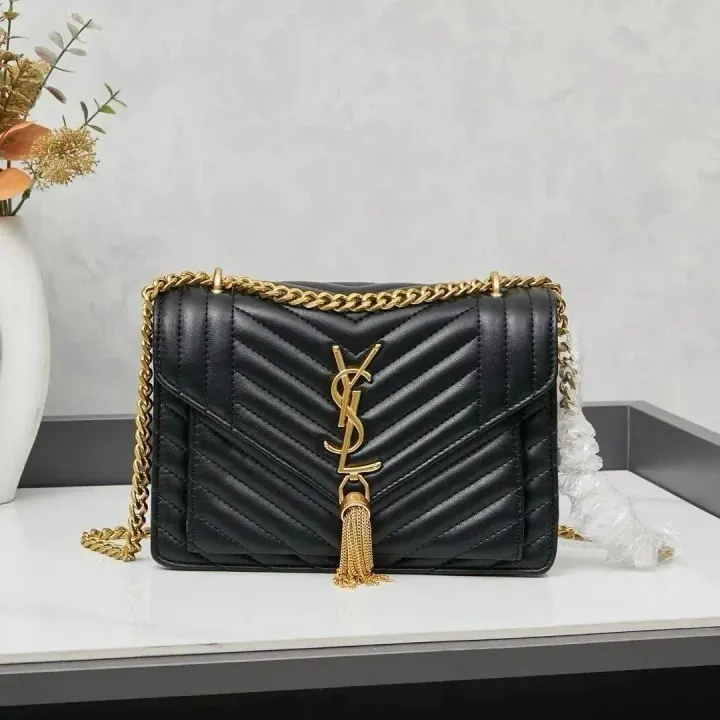 Saint Laurent Black Quilted Handbag with Gold Chain Strap
