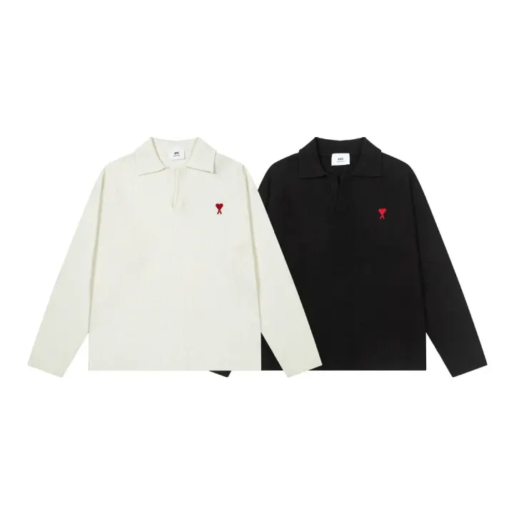 Ami Embroidered Polo Sweater in Black and Cream