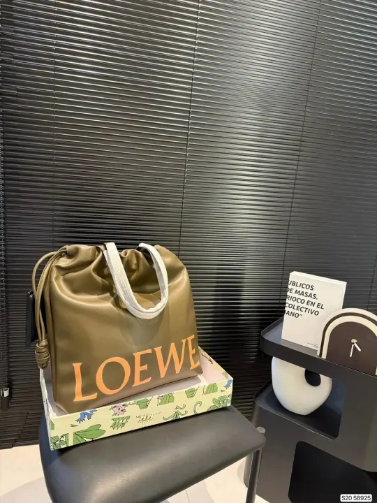 Loewe Olive Drawstring Handbag with Orange Logo