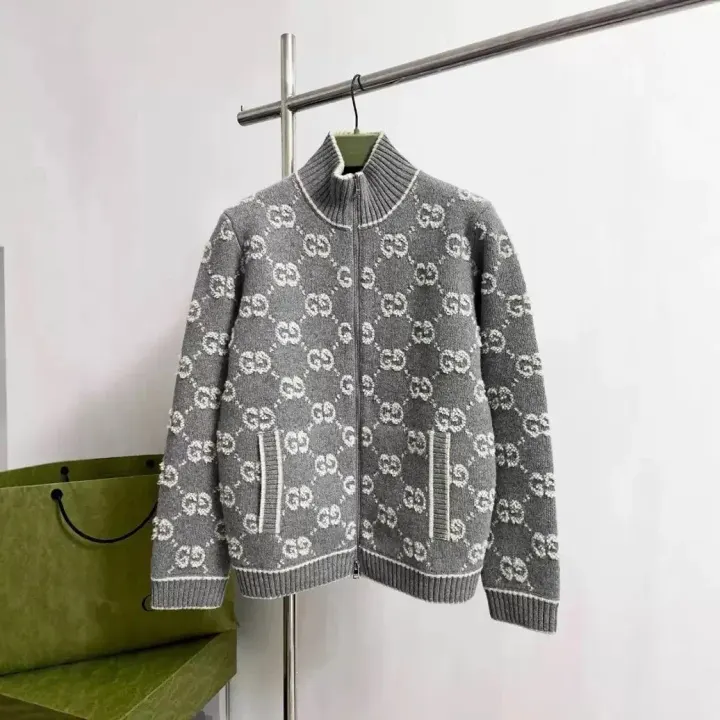 Gucci Grey GG Monogram Knit Zip-Up Sweater
