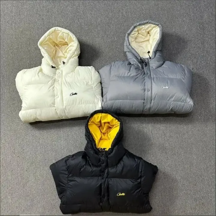 Corteiz Hooded Puffer Jacket in Cream, Grey and Black