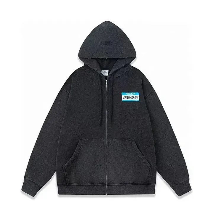 Vetements Black Zip Hoodie with Blue Logo Patch