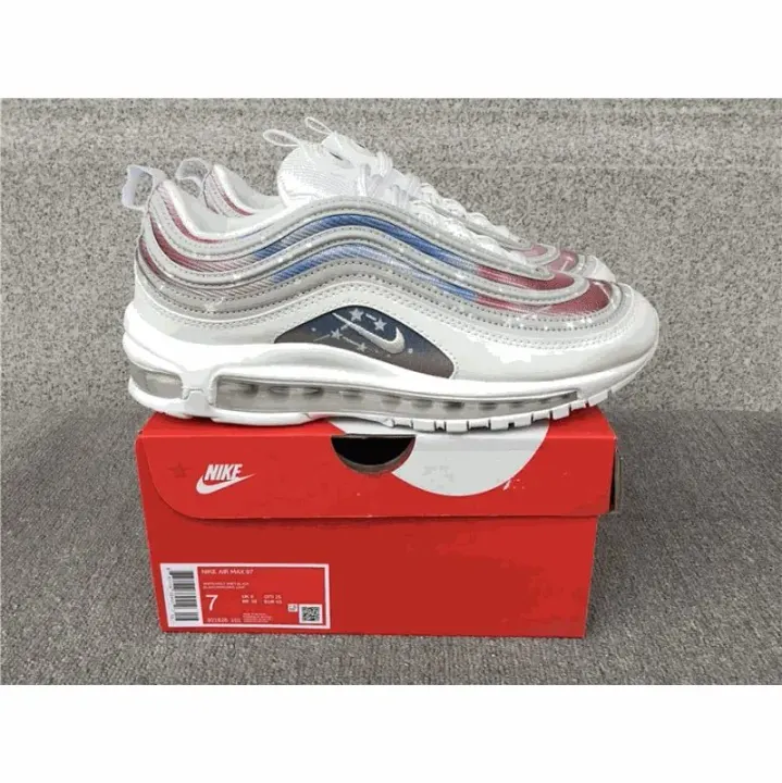 Nike Air Max 97 Sneakers in White with Blue and Red Waves