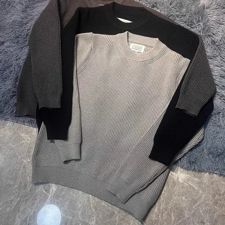 Maison Margiela Ribbed Knit Crewneck Sweater in Grey and Black