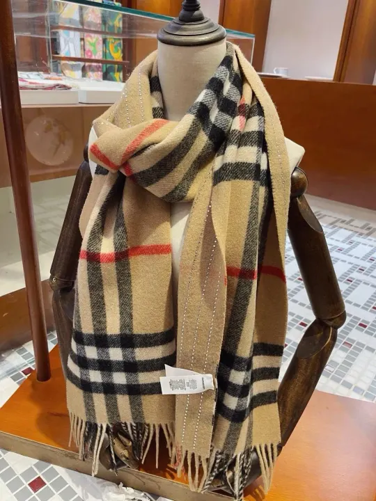 Burberry Beige Check Fringe Scarf with Crystal Detail