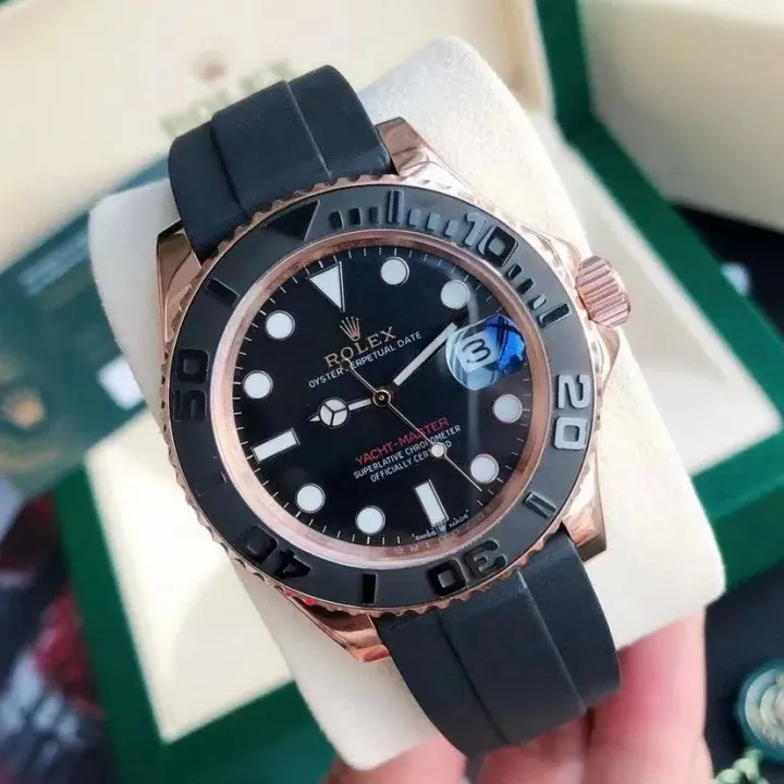 Rolex Yacht-Master Watch with Rose Gold-Tone Case and Black Strap